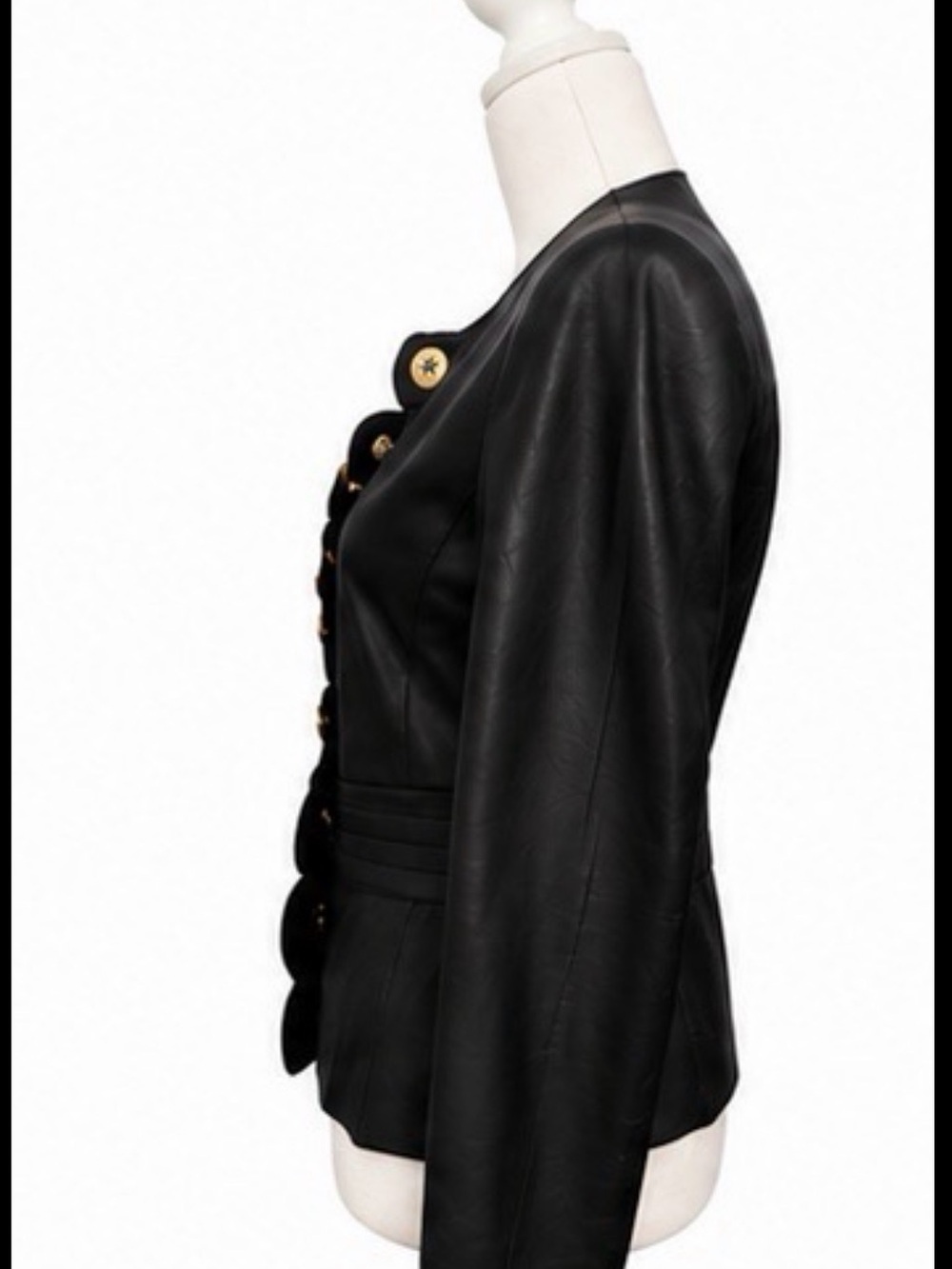 Tory Burch Black Leather Scalloped Jacket with Gold Logo Buttons - Picture 3 of 7